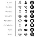 Company Connection business card icon set. Phone, name, website, address, location and mail logo symbol sign pack.