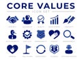 Company Core Values Icon Set. Integrity, Leadership, Quality and Development, Creativity, Accountability, Simplicity,