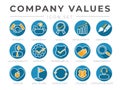 Company Core Values Round Flat Icon Set. Integrity, Leadership, Quality and Development, Creativity, Accountability, Simplicity,