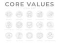 Company Core Values Round Outline Web Icon Set. Integrity, Leadership, Quality and Development, Creativity, Accountability,