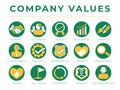 Company Core Values Round Web Icon Set. Integrity, Leadership, Quality and Development, Creativity, Accountability, Simplicity, Royalty Free Stock Photo