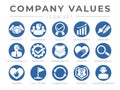 Company Core Values Round Web Icon Set. Integrity, Leadership, Quality and Development, Creativity, Accountability, Simplicity, Royalty Free Stock Photo