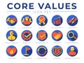 Company Core Values Round Web Icon Set. Integrity, Leadership, Quality and Development, Creativity, Accountability, Simplicity, Royalty Free Stock Photo