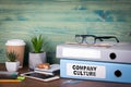 Company Culture. Binders on desk in the office. Business background Royalty Free Stock Photo