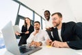 Company employees gathered for morning briefing in the bosse`s office. Royalty Free Stock Photo