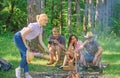 Company friends having hike picnic nature background. Summer picnic. Hikers relaxing during snack time. Tourists hikers Royalty Free Stock Photo