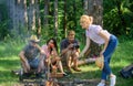 Company friends having hike picnic nature background. Summer picnic. Hikers relaxing during snack time. Tourists hikers Royalty Free Stock Photo