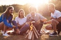 Company friends prepare roasted marshmallows snack isolated on nature background, youth group sitting around bonfire and