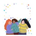 Company of girls of different nationalities have fun and celebrate, cute characters hand-drawn .