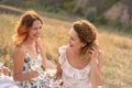 The company of gorgeous female friends having fun, drink wine, and enjoy hills landscape picnic