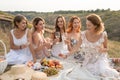 The company of gorgeous female friends having fun, drink wine, and enjoy hills landscape picnic Royalty Free Stock Photo