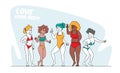 Happy Multiracial, Multicultural Girls Characters of Different Ages, Size and Ethnicity in Swim Suits, Body Positive