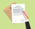 Company health insurance illustration with a man signing stamped letter using red pen on top of folder document