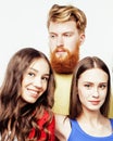 company of hipster guys, bearded red hair boy and girls students having fun together friends, diverse fashion style Royalty Free Stock Photo