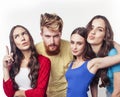 company of hipster guys, bearded red hair boy and girls students having fun together friends, diverse fashion style Royalty Free Stock Photo