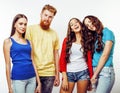 Company of hipster guys, bearded red hair boy and girls students having fun together friends, diverse fashion style Royalty Free Stock Photo