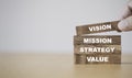 Company key success concept , Hand putting wooden cubes blocks which print screen vision mission strategy and value wording Royalty Free Stock Photo