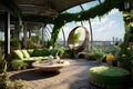 Company living room of Bohemian Style Green Roof Terrace Access. AI Generated