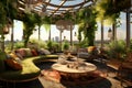 Company living room of Bohemian Style Green Roof Terrace Access. AI Generated