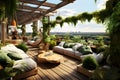 Company living room of Bohemian Style Green Roof Terrace Access. AI Generated Royalty Free Stock Photo