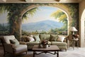 Company living room of Provencal Style Bold Wall Murals. AI Generated