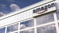 Amazon logo on top of a modern building. Editorial conceptual 3d rendering