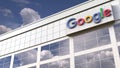 Google logo on top of a modern building. Editorial conceptual 3d rendering