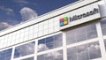 Microsoft logo on top of a modern building. Editorial conceptual 3d rendering