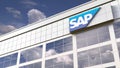 SAP SE logo on top of a modern building. Editorial conceptual 3d rendering