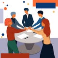 A company of people stand with their hands together. Illustration in a flat style on a business theme. Royalty Free Stock Photo