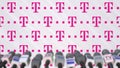 Media event of T TELEKOM, press wall with logo and microphones, editorial animation