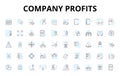 Company profits linear icons set. Earnings, Revenue, Income, Bonuses, Growth, Expenses, Margin vector symbols and line