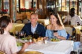 Company of smiling friends having dinner in restaurant Royalty Free Stock Photo