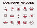 Company Values Retro Icon Set. Integrity, Leadership, Boldness, Value, Respect, Quality, Teamwork, Positivity, Passion, Royalty Free Stock Photo