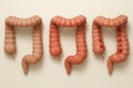 Comparative 3D render of three colon segments: normal smooth mucosa, inflamed diffuse redness, and severe ulceration with deep red Royalty Free Stock Photo
