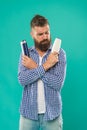 Compare beauty product. Wash hair with shampoo. Hair conditioner or lotion. Make right choice. Man bearded hipster Royalty Free Stock Photo