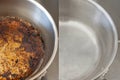 Compare burnt pan image before and after cleaning the unclean able stained pot from burnt cooking pot. The dirty stainless steel p