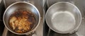 Compare burnt pan image before and after cleaning the unclean able stained pot from burnt cooking pot. The dirty stainless steel p