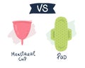 compare feminine hygiene products. pads vs menstrual cup. Menstrual protection, vector illustration. flat hand drawing