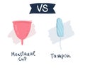 compare feminine hygiene products. Tampon vs menstrual cup. Menstrual protection, vector illustration. flat hand drawing