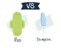 compare feminine hygiene products. Tampon vs pads. Menstrual protection, vector illustration. flat hand drawing