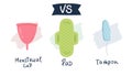 compare feminine hygiene products. Tampon vs pads vs menstrual cup. Menstrual protection, vector illustration. flat hand