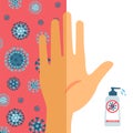 Compare the hands that wash and don`t wash. Half of the palm is dirty, unwashed with coronavirus, the second half of the