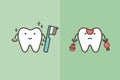 Compare of healthy white tooth with brushing teeth and unhealthy decayed tooth from sweet and candy - dental cartoon vector flat s