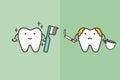 Compare of healthy white tooth with brushing teeth and unhealthy yellow tooth with plaque from coffee and cigarette - dental carto Royalty Free Stock Photo