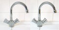 Compare image before- after cleaning with special detergent of the dirty stainless faucet cover with dirty hard calcium water stai