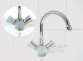 Compare image before- after cleaning with special detergent of the dirty stainless faucet cover with dirty hard calcium water stai