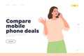 Compare mobile phone deals concept for landing page design template with woman calling smartphone Royalty Free Stock Photo