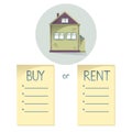 Comparing buy and rent house, list with bullets, choose buying or renting of property, vector concent