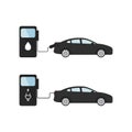 Comparing electric versus gasoline diesel car. Electric car charging at charger stand vs. fossil car refueling petrol gas station